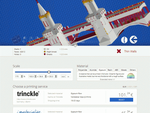 Optimize your model for 3D Printing and upload it with one click to the 3YOURMIND portal. You can then choose from a number of materials and compar
