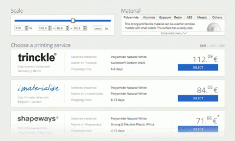 Optimize your model for 3D Printing and upload it with one click to the 3YOURMIND portal. You can then choose from a number of materials and compar
