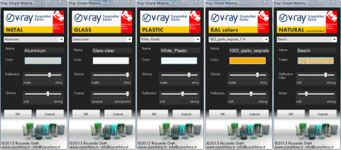 SimpleMat© the simplest and fastest material editor for V-RayforRhino. &nbsp; VraySimpleMaterial_1.5.zip is the version for V-Ray 1.
