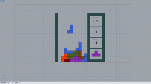 Tetris Game for Rhinoceros. &nbsp; Use Left/Right keys to move the block, Up key or Space key to rotate, and Down key to move it down. &nbsp;
